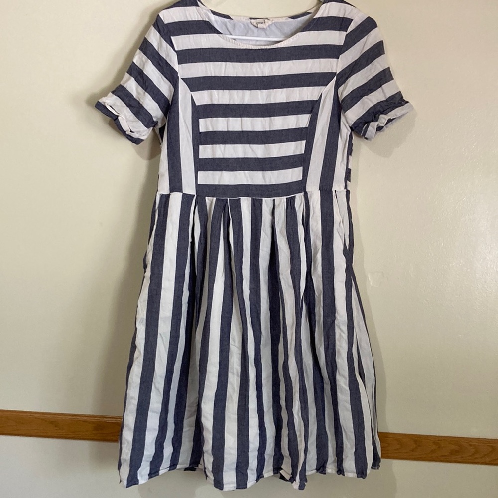 Orange creek blue and white striped mid length dress with pockets